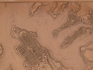 A map of Grand Harbour prepared by the Royal Navy in the 1880s, showing the fortifications of Valletta (left) and the 'three cities' opposite, including Fort St Angelo at the tip of the Vittoriosa promontory (centre).
